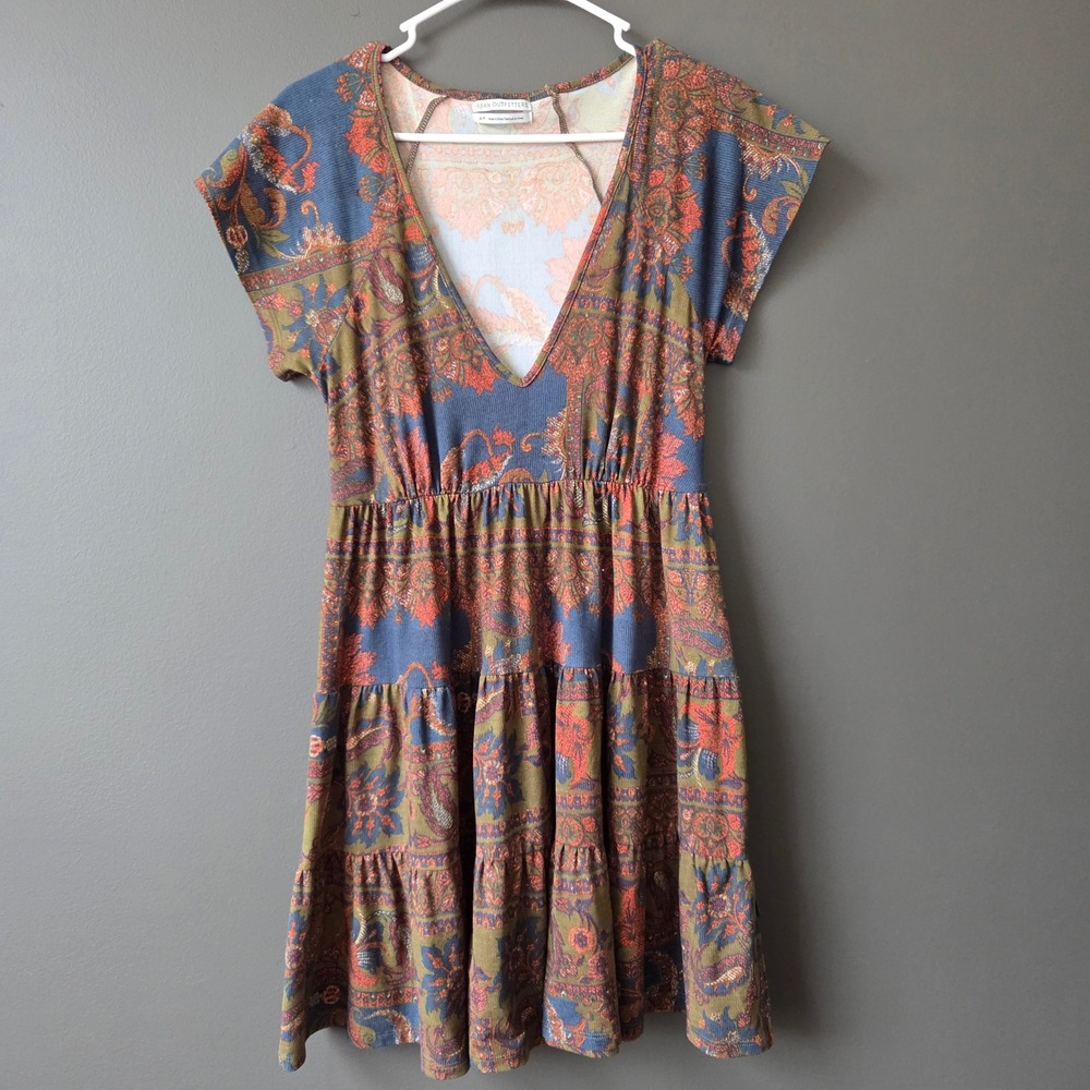 Urban Outfitters‎ Paisley Tiered Mini Dress Navy Blue Green V-Neck Boho Small